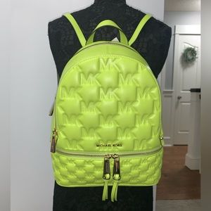NEW MICHAEL KORS RHEA MD ZIP BACKPACK BRT limeade logo embossed MK LV neon green